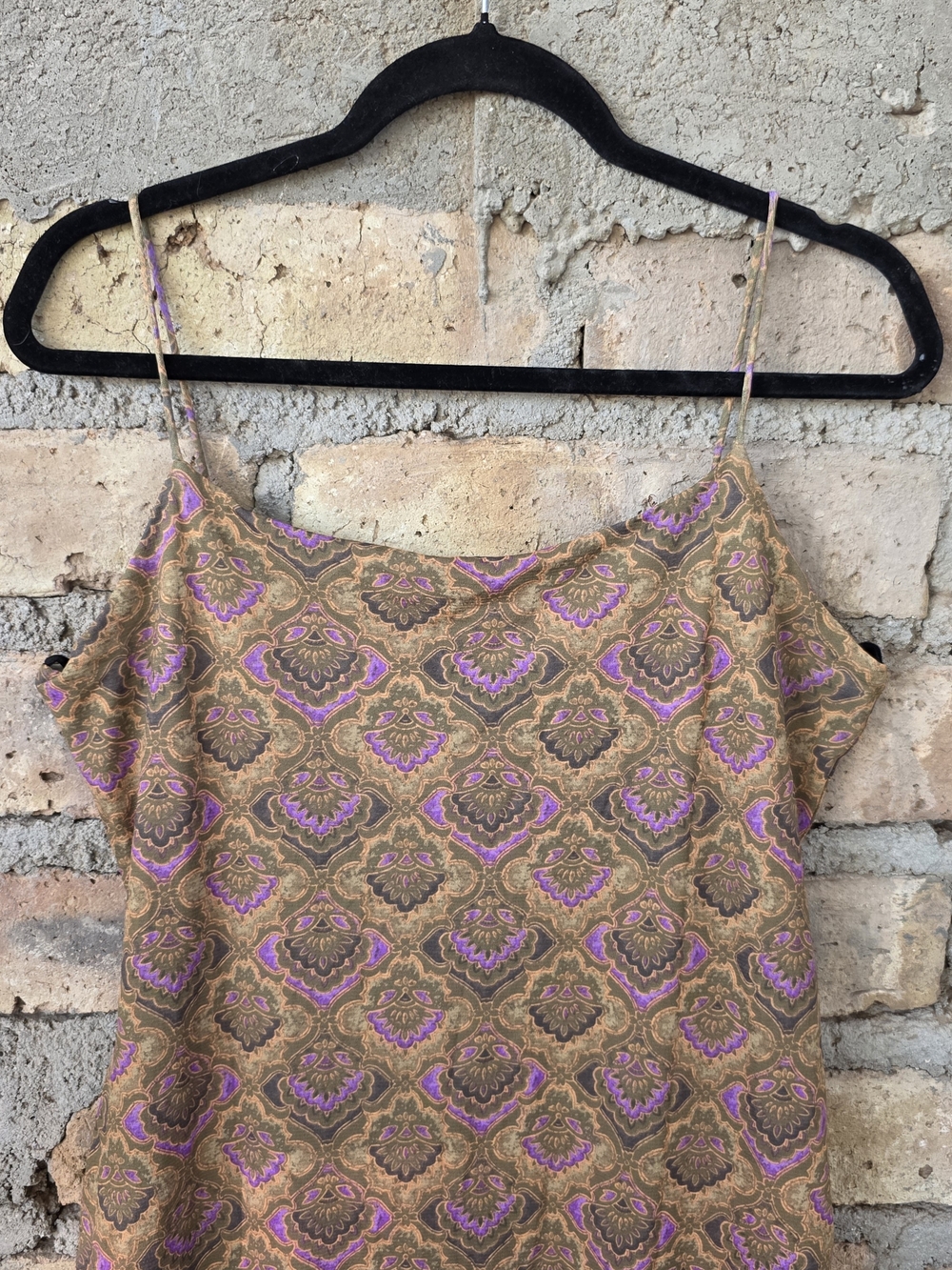 VTG 90s Q&A Collection Mesh Paisley Cami Dress Lettuce Trim Brown Purple XXL - Picture 2 of 8
